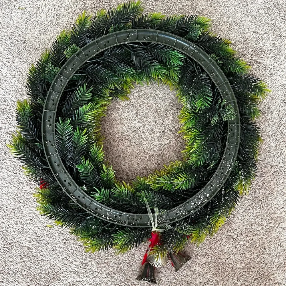 Elegant Artificial Green Christmas Holiday Wreath with Red Ribbon and Pinecones